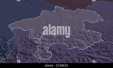 Zoom in auf Oberösterreich (Land Österreich) skizziert. Schräge Perspektive. Farbige und aufgeschüpfte Karte der Verwaltungseinheit mit Oberflächengewässern. Stockfoto