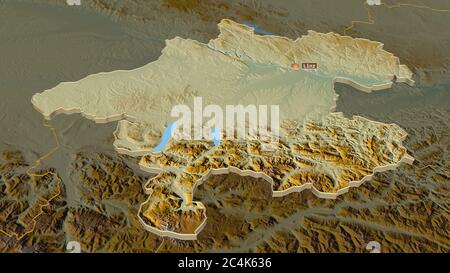 Zoom in auf Oberösterreich (Land Österreich) extrudiert. Schräge Perspektive. Topographische Reliefkarte mit Oberflächengewässern. 3D-Rendering Stockfoto