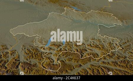 Zoom in auf Oberösterreich (Land Österreich) skizziert. Schräge Perspektive. Topographische Reliefkarte mit Oberflächengewässern. 3D-Rendering Stockfoto