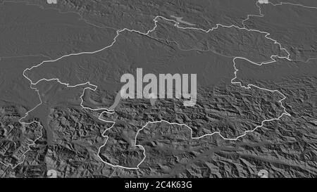 Zoom in auf Oberösterreich (Land Österreich) skizziert. Schräge Perspektive. Karte mit bilevel Höhe mit Oberflächengewässern. 3D-Rendering Stockfoto