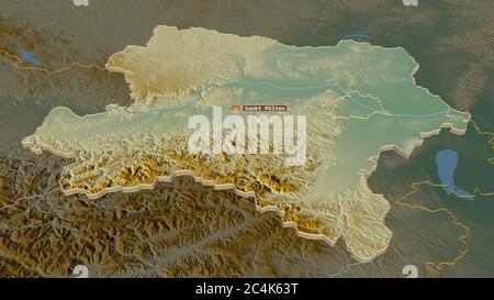 Zoom in auf Niederösterreich (Land Österreich) extrudiert. Schräge Perspektive. Topographische Reliefkarte mit Oberflächengewässern. 3D-Rendering Stockfoto