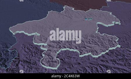 Zoom in auf Oberösterreich (Land Österreich) extrudiert. Schräge Perspektive. Farbige und aufgeschüpfte Karte der Verwaltungseinheit mit Oberflächengewässern. Stockfoto