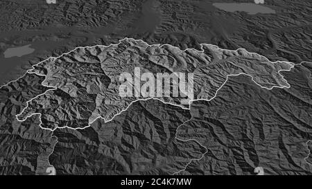 Zoom in auf Gasa (Bezirk von Bhutan) skizziert. Schräge Perspektive. Karte mit bilevel Höhe mit Oberflächengewässern. 3D-Rendering Stockfoto