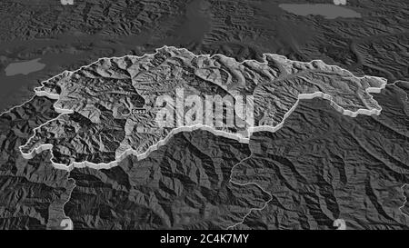 Zoom in auf Gasa (Bezirk Bhutan) extrudiert. Schräge Perspektive. Karte mit bilevel Höhe mit Oberflächengewässern. 3D-Rendering Stockfoto