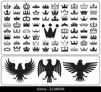 Set von Kronen und Adler grassiert. Heraldry Elements Design Kollektion. Vektorgrafik. Stock Vektor