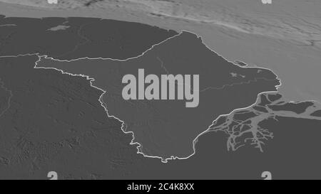 Zoom in Amapá (Bundesstaat Brasilien) skizziert. Schräge Perspektive. Karte mit bilevel Höhe mit Oberflächengewässern. 3D-Rendering Stockfoto