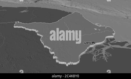 Zoom in Amapá (Bundesstaat Brasilien) extrudiert. Schräge Perspektive. Karte mit bilevel Höhe mit Oberflächengewässern. 3D-Rendering Stockfoto