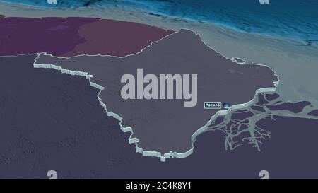 Zoom in Amapá (Bundesstaat Brasilien) extrudiert. Schräge Perspektive. Farbige und aufgeschüpfte Karte der Verwaltungseinheit mit Oberflächengewässern. 3D-Rendering Stockfoto