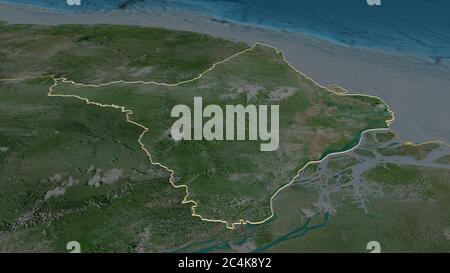 Zoom in Amapá (Bundesstaat Brasilien) skizziert. Schräge Perspektive. Satellitenbilder. 3D-Rendering Stockfoto