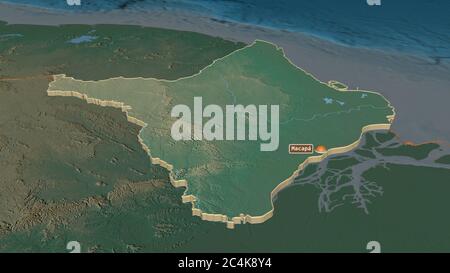 Zoom in Amapá (Bundesstaat Brasilien) extrudiert. Schräge Perspektive. Topographische Reliefkarte mit Oberflächengewässern. 3D-Rendering Stockfoto