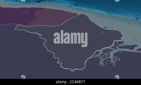 Zoom in Amapá (Bundesstaat Brasilien) skizziert. Schräge Perspektive. Farbige und aufgeschüpfte Karte der Verwaltungseinheit mit Oberflächengewässern. 3D-Rendering Stockfoto