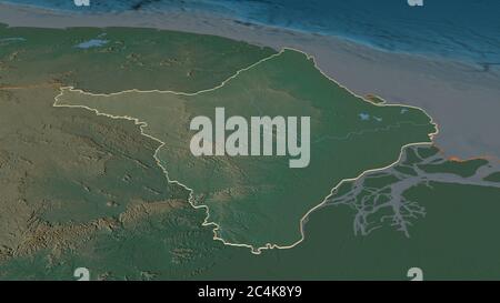 Zoom in Amapá (Bundesstaat Brasilien) skizziert. Schräge Perspektive. Topographische Reliefkarte mit Oberflächengewässern. 3D-Rendering Stockfoto