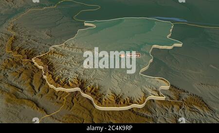 Zoom in auf Montana (Provinz Bulgarien) extrudiert. Schräge Perspektive. Topographische Reliefkarte mit Oberflächengewässern. 3D-Rendering Stockfoto