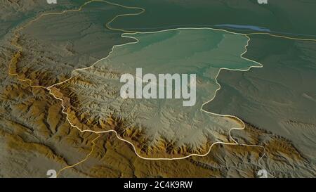 Zoom in Montana (Provinz Bulgarien) skizziert. Schräge Perspektive. Topographische Reliefkarte mit Oberflächengewässern. 3D-Rendering Stockfoto