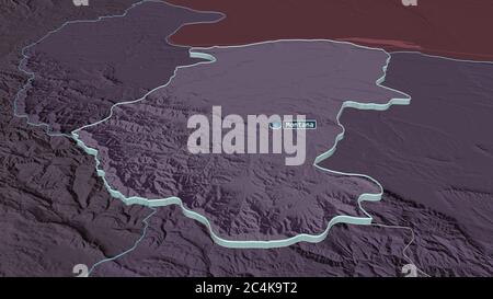 Zoom in auf Montana (Provinz Bulgarien) extrudiert. Schräge Perspektive. Farbige und aufgeschüpfte Karte der Verwaltungseinheit mit Oberflächengewässern. 3D Stockfoto