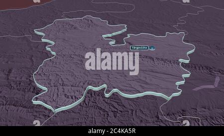 Zoom in auf Targovishte (Provinz Bulgarien) extrudiert. Schräge Perspektive. Farbige und aufgeschüpfte Karte der Verwaltungseinheit mit Oberflächengewässern Stockfoto