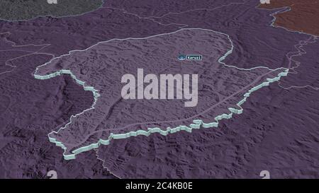 Zoom in Karuzi (Provinz Burundi) extrudiert. Schräge Perspektive. Farbige und aufgeschüpfte Karte der Verwaltungseinheit mit Oberflächengewässern. 3D r Stockfoto