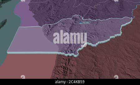 Zoom in auf Makamba (Provinz Burundi) extrudiert. Schräge Perspektive. Farbige und aufgeschüpfte Karte der Verwaltungseinheit mit Oberflächengewässern. 3D Stockfoto