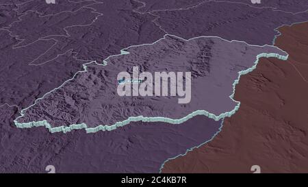 Zoom in Rutana (Provinz Burundi) extrudiert. Schräge Perspektive. Farbige und aufgeschüpfte Karte der Verwaltungseinheit mit Oberflächengewässern. 3D r Stockfoto