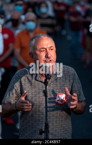 Madrid, Spanien. Juni 2020. Kundgebung für einen Pakt für den Wiederaufbau Spaniens. Pepe Alvarez, Gewerkschaftsführer und Generalsekretär der Gewerkschaft der Arbeitnehmer (UGT) in Nuevos Ministerios, Madrid, Spanien. Kredit: EnriquePSans/Alamy Live Nachrichten Stockfoto