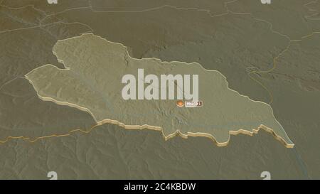 Zoom in auf Lobaye (Präfektur der Zentralafrikanischen Republik) extrudiert. Schräge Perspektive. Topographische Reliefkarte mit Oberflächengewässern. 3D-Rendering Stockfoto