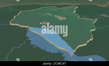 Zoom in Siemréab (Provinz Kambodscha) extrudiert. Schräge Perspektive. Topographische Reliefkarte mit Oberflächengewässern. 3D-Rendering Stockfoto