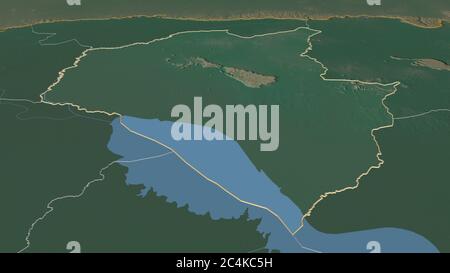 Zoom in Siemréab (Provinz Kambodscha) skizziert. Schräge Perspektive. Topographische Reliefkarte mit Oberflächengewässern. 3D-Rendering Stockfoto