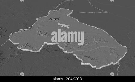 Zoom in Nord (Region Kamerun) extrudiert. Schräge Perspektive. Karte mit bilevel Höhe mit Oberflächengewässern. 3D-Rendering Stockfoto
