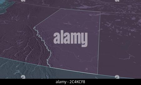 Zoom in Alberta (Provinz Kanada) skizziert. Schräge Perspektive. Farbige und aufgeschüpfte Karte der Verwaltungseinheit mit Oberflächengewässern. 3D r Stockfoto