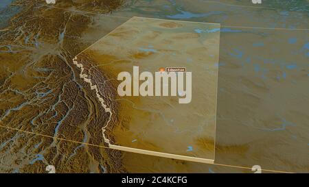 Zoom in Alberta (Provinz Kanada) extrudiert. Schräge Perspektive. Topographische Reliefkarte mit Oberflächengewässern. 3D-Rendering Stockfoto