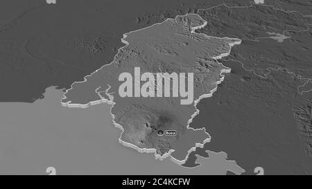 Zoomen Sie auf Sud-Ouest (Region Kamerun) extrudiert. Schräge Perspektive. Karte mit bilevel Höhe mit Oberflächengewässern. 3D-Rendering Stockfoto