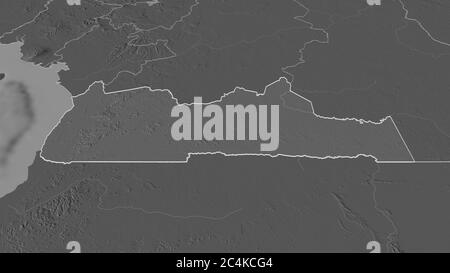 Zoom in auf Sud (Region Kamerun) skizziert. Schräge Perspektive. Karte mit bilevel Höhe mit Oberflächengewässern. 3D-Rendering Stockfoto