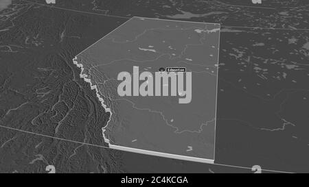 Zoom in Alberta (Provinz Kanada) extrudiert. Schräge Perspektive. Karte mit bilevel Höhe mit Oberflächengewässern. 3D-Rendering Stockfoto