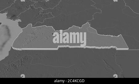 Zoom in auf Sud (Region Kamerun) extrudiert. Schräge Perspektive. Karte mit bilevel Höhe mit Oberflächengewässern. 3D-Rendering Stockfoto