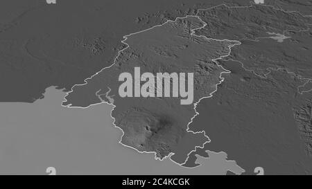 Zoom in auf Sud-Ouest (Region Kamerun) skizziert. Schräge Perspektive. Karte mit bilevel Höhe mit Oberflächengewässern. 3D-Rendering Stockfoto