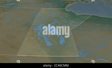 Zoomen Sie auf Manitoba (Provinz Kanada) skizziert. Schräge Perspektive. Topographische Reliefkarte mit Oberflächengewässern. 3D-Rendering Stockfoto