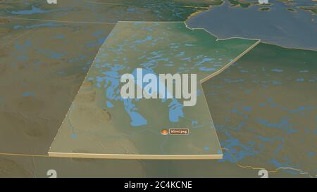 Zoomen Sie auf Manitoba (Provinz Kanada) extrudiert. Schräge Perspektive. Topographische Reliefkarte mit Oberflächengewässern. 3D-Rendering Stockfoto