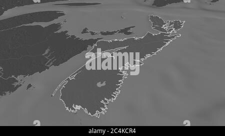 Zoomen Sie auf Nova Scotia (Provinz Kanada) skizziert. Schräge Perspektive. Karte mit bilevel Höhe mit Oberflächengewässern. 3D-Rendering Stockfoto