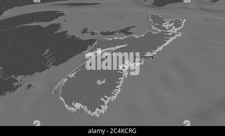 Zoomen Sie auf Nova Scotia (Provinz Kanada) extrudiert. Schräge Perspektive. Karte mit bilevel Höhe mit Oberflächengewässern. 3D-Rendering Stockfoto