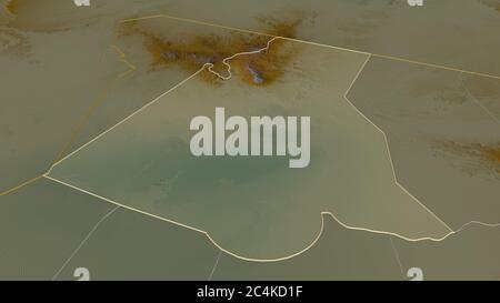 Zoom in Borkou (Region Tschad) skizziert. Schräge Perspektive. Topographische Reliefkarte mit Oberflächengewässern. 3D-Rendering Stockfoto