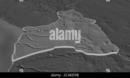 Zoomen Sie auf Arica y Parinacota (Region Chile) extrudiert. Schräge Perspektive. Karte mit bilevel Höhe mit Oberflächengewässern. 3D-Rendering Stockfoto