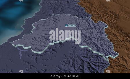 Zoomen Región Metropolitana de Santiago (Region Chile) extrudiert. Schräge Perspektive. Farbige und angestoßende Karte der Verwaltungsdivision mit Stockfoto