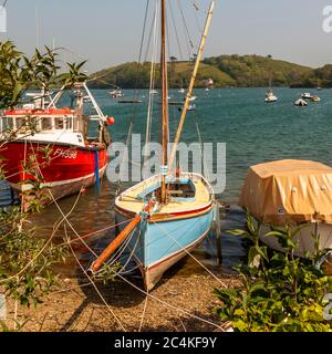 Ein traditionelles Arbeitsboot aus Falmouth liegt vor Anker nahe St Mawes, Cornwall, England, sein blauer Rumpf verrät nichts davon, dass es für den Austernangeln verwendet wird. Im Fal-Ästuar dürfen Austern nur unter Segel und Ruder geerntet werden, einer der letzten Fischereien der Welt, die noch auf diese Weise betrieben werden. Stockfoto