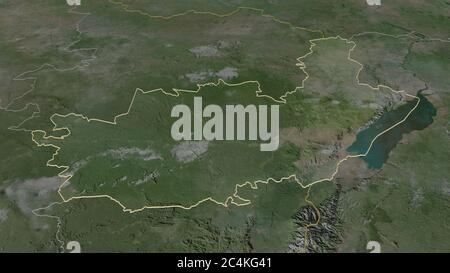 Zoom in Ituri (Provinz der Demokratischen Republik Kongo) skizziert. Schräge Perspektive. Satellitenbilder. 3D-Rendering Stockfoto
