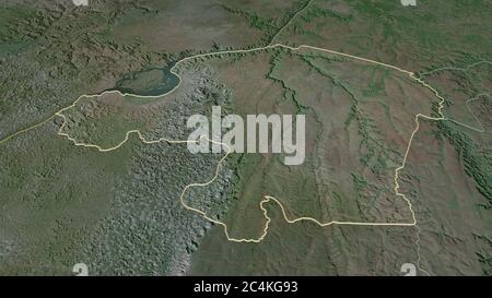 Zoom in Kinshasa (Provinz der Demokratischen Republik Kongo) skizziert. Schräge Perspektive. Satellitenbilder. 3D-Rendering Stockfoto