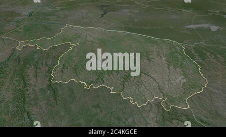 Zoom in auf Kwilu (Provinz der Demokratischen Republik Kongo) skizziert. Schräge Perspektive. Satellitenbilder. 3D-Rendering Stockfoto