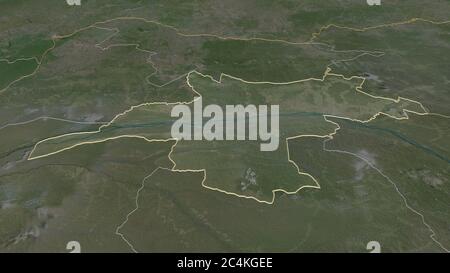 Zoom in Mongala (Provinz der Demokratischen Republik Kongo) skizziert. Schräge Perspektive. Satellitenbilder. 3D-Rendering Stockfoto