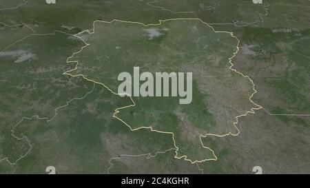 Zoom in auf Sankuru (Provinz der Demokratischen Republik Kongo) skizziert. Schräge Perspektive. Satellitenbilder. 3D-Rendering Stockfoto