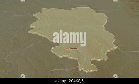 Zoomen Sie auf Sankuru (Provinz der Demokratischen Republik Kongo) extrudiert. Schräge Perspektive. Topographische Reliefkarte mit Oberflächengewässern. 3D-Rendering Stockfoto