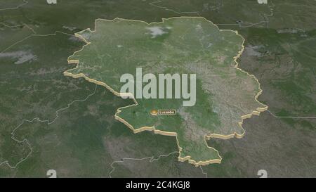 Zoomen Sie auf Sankuru (Provinz der Demokratischen Republik Kongo) extrudiert. Schräge Perspektive. Satellitenbilder. 3D-Rendering Stockfoto